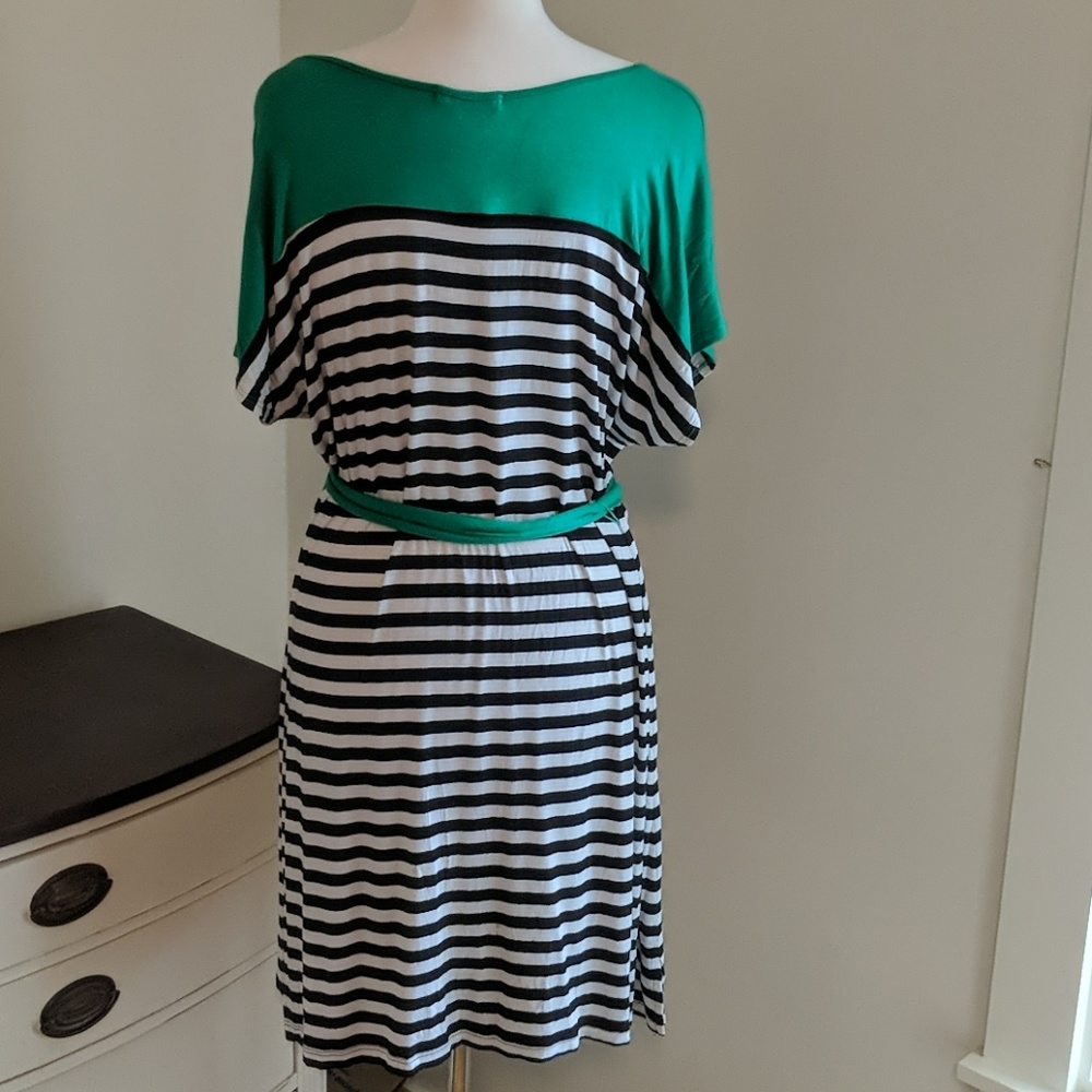 3 for $15 Cha cha vente black & white striped dress w green - Picture 4 of 4